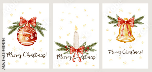 Set of Christmas greeting card watercolor bell, ornaments and candle with fir tree twigs and red bow