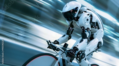 Robot Cyclist Racing: A high-speed robot cyclist pedaling intensely in a competitive race. 