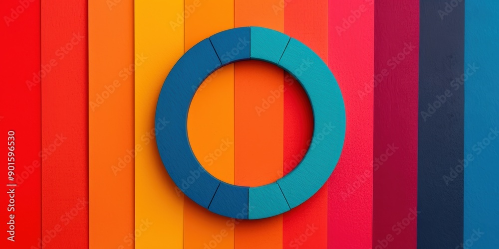 Colorful geometric abstract background with a teal circle on vibrant vertical stripes of red, orange, yellow, and blue. Colorful geometric abstract background with a teal circle on vibrant vertical stripes of red, orange, yellow, and blue.