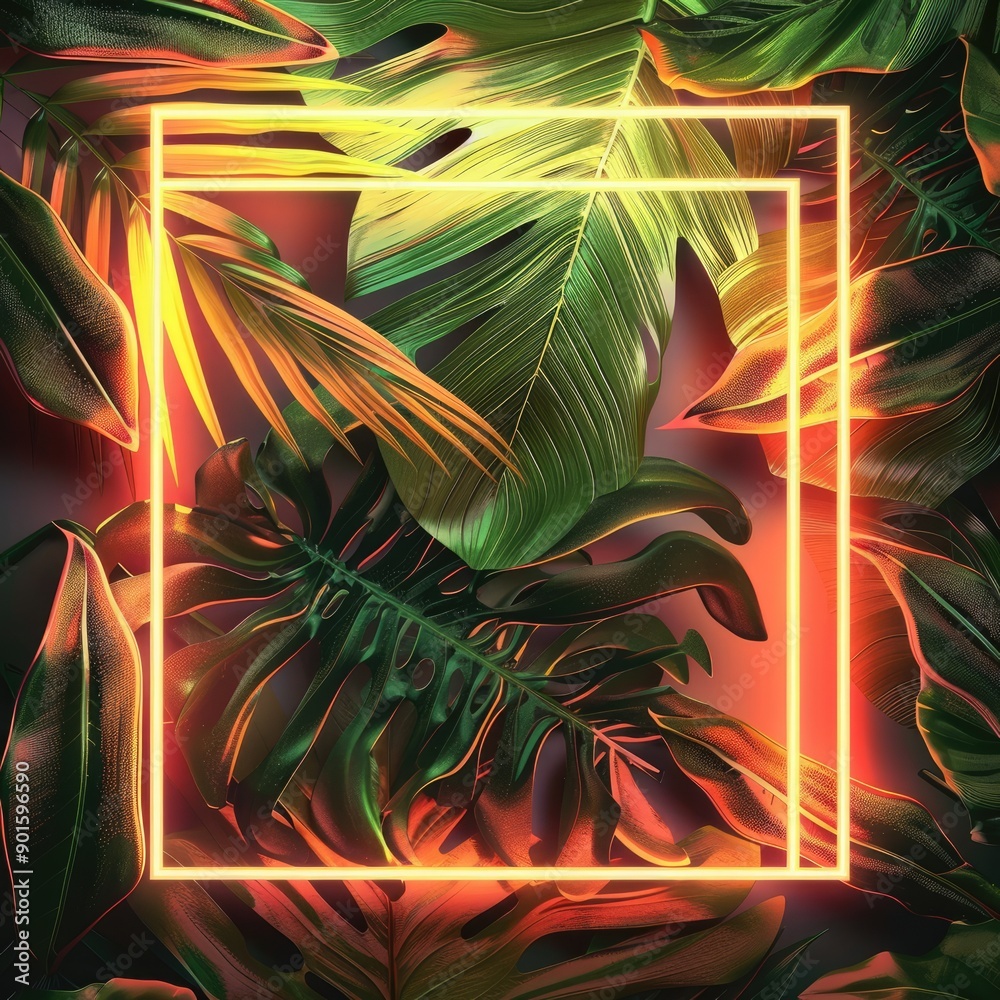 Fototapeta premium A tropical elegant frame made of exotic emerald leaves and neon lighting. Stylish fashion banner. Plants illuminated with purple, orange, pink fluorescent light.