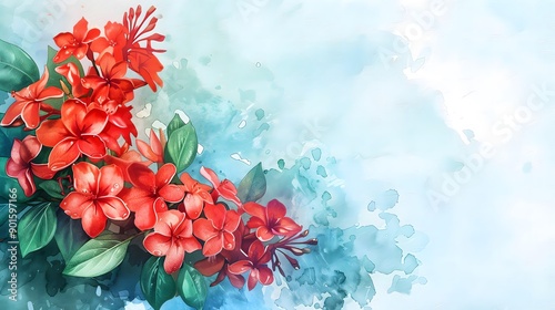 Fototapeta Naklejka Na Ścianę i Meble -  Red ixora flowers in tropical setting, water color painting of tropical flower.