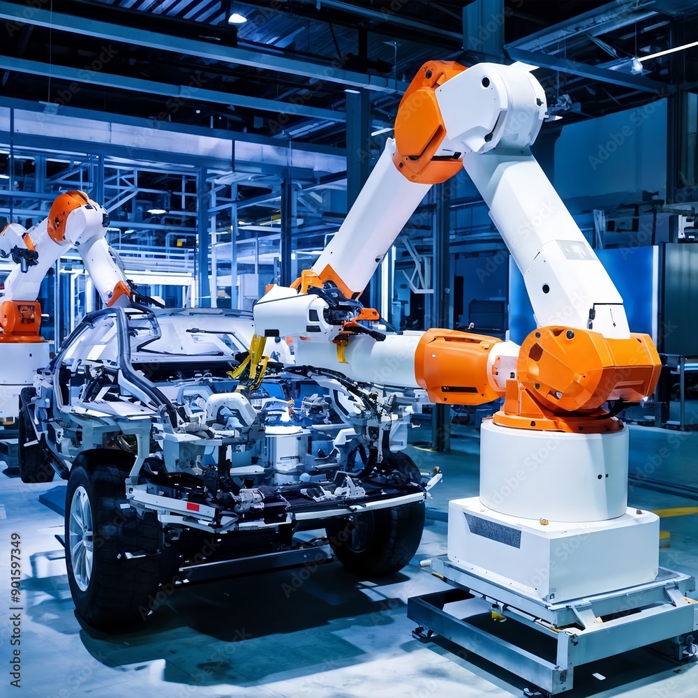 A modern robotic arm assembling a car in a high tech facility A modern robotic arm assembling a car in a high tech facility