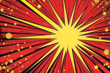 Vibrant comic book style explosion with yellow starbursts and red background