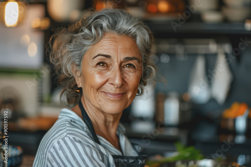 cooking Beautiful beautiful mature middle-aged woman 60 years old with healthy skin.