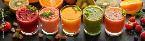 Colorful assortment of fresh fruit smoothies in glass jars, garnished with mint, almonds, and various fruits, arranged on a dark background.