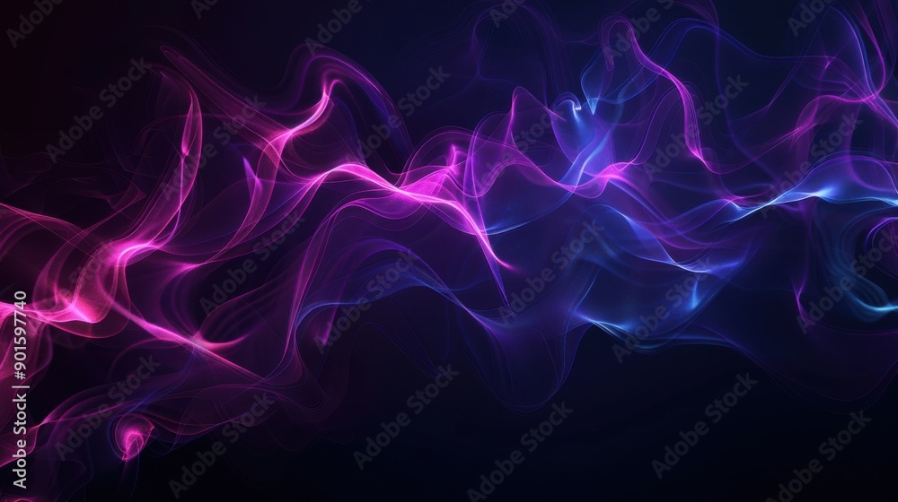 Abstract background with flowing lines of purple and blue light on a black background. Abstract background with flowing lines of purple and blue light on a black background.