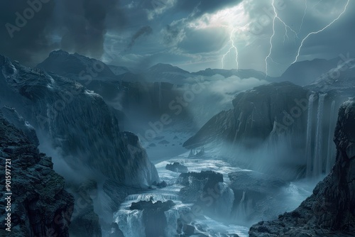 A dark and stormy landscape with a river flowing through it photo