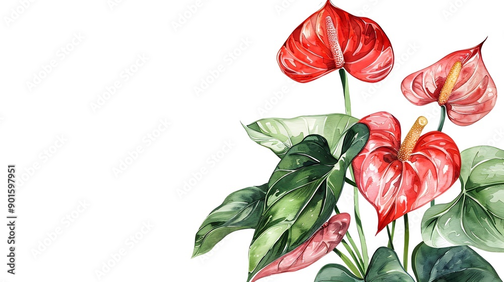 Obraz premium Red anthurium flower with glossy green leaves, water color painting of tropical flower.