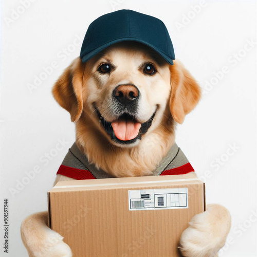 dog in a cap delivers a parcel hold a box on a white background, delivery concept Generated by AI