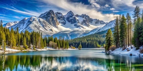 Snow-capped Sierra Nevada mountains tower above a serene frozen lake surrounded by lush evergreen forests and rugged terrain at a popular winter sports destination.