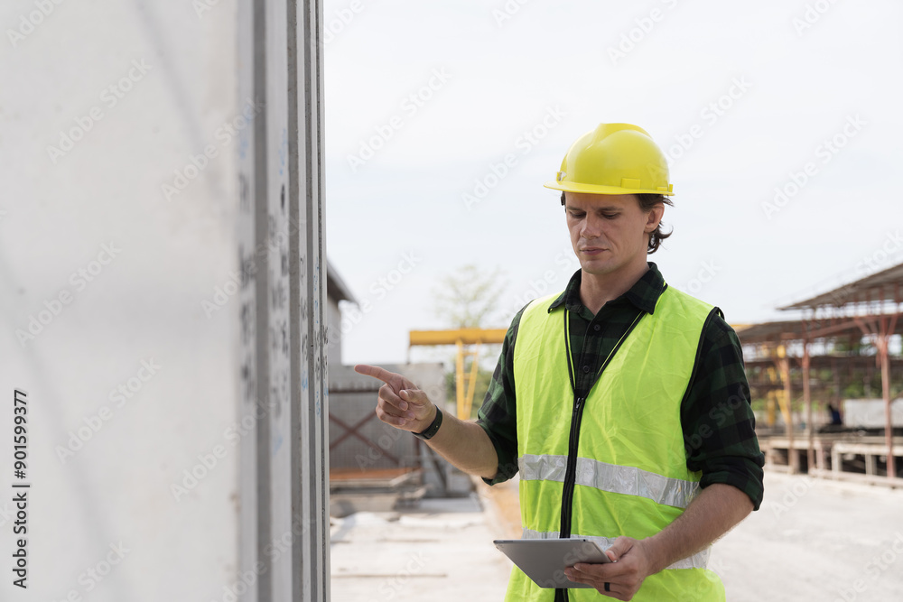 Male engineer construction inspecting precast concrete wall structure quality at construction site. Male construction builder working at construction site Male engineer construction inspecting precast concrete wall structure quality at construction site. Male construction builder working at construction site