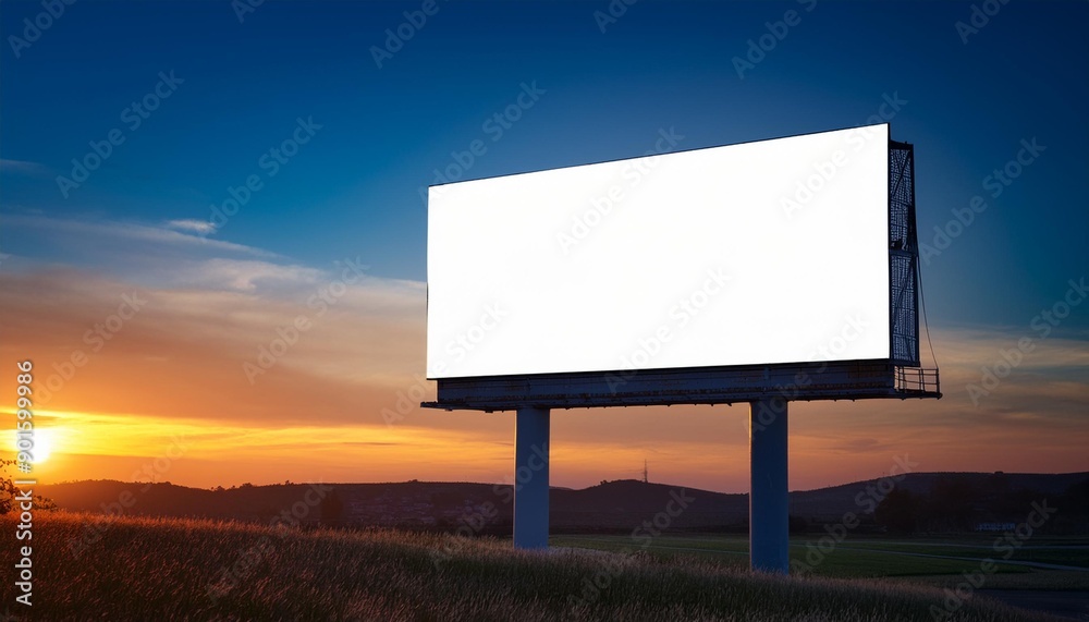 Obraz premium Large empty billboard at sunset with blank white space ready for advertisement against a colorful sky background.