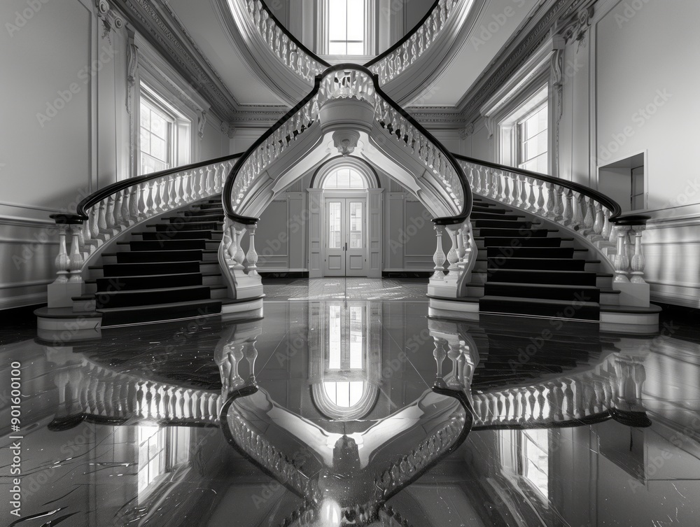 Φωτογραφία Black and white photography of an elegant spiral staircase in a mansion, with symmetrical composition and ornate details