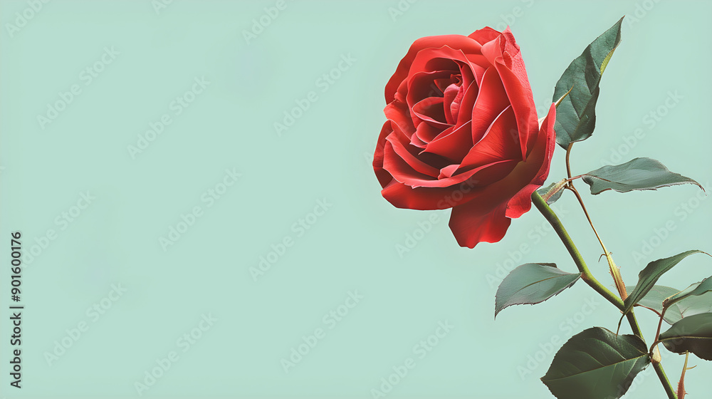 Vibrant red rose in bloom with soft green leaves against a light green textured backdrop. Vibrant red rose in bloom with soft green leaves against a light green textured backdrop.