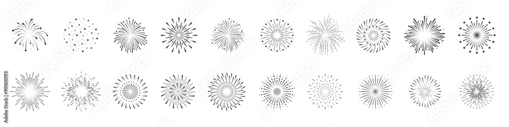 Fireworks set. Vector firework sign isolated with stars and sparks. Firework exlposions in the sky. Fireworks set. Vector firework sign isolated with stars and sparks. Firework exlposions in the sky.