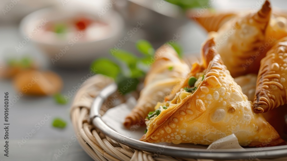 A close-up of a samosa filled with spicy potato and pea mixture. A close-up of a samosa filled with spicy potato and pea mixture.