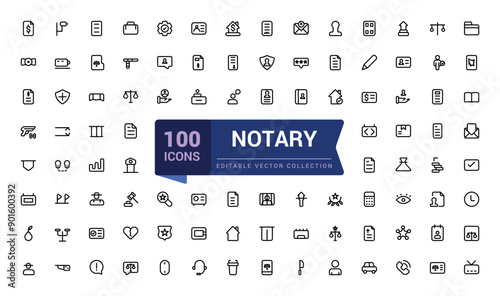 Set of thin line notary Icons. Lawyear and law related icon set. Icon for web and UI. Editable Vector illustration.