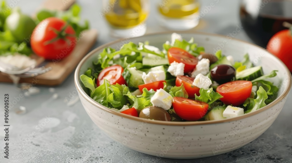 A vibrant salad bowl overflowing with crisp romaine lettuce and various toppings. A vibrant salad bowl overflowing with crisp romaine lettuce and various toppings.
