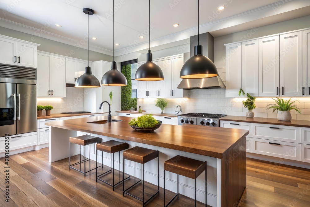 Modern kitchen interior with sleek black pendant lights hanging above a large island, contrasting with crisp white cabinets and warm wood flooring. Modern kitchen interior with sleek black pendant lights hanging above a large island, contrasting with crisp white cabinets and warm wood flooring.