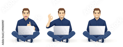 Set of young handsome man wearing blue shirt and jeans using laptop computer sitting with crossed legs set and different gestures. Isolated vector illustration