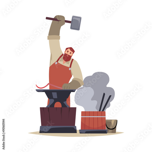 Medieval master at work. Blacksmith in blacksmith on isolated background.