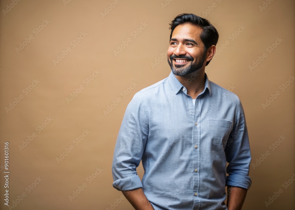 Adult Hispanic man stands alone against a plain colored background, gazing away with a genuine smile, exuding confidence and warmth in a natural, carefree moment. Adult Hispanic man stands alone against a plain colored background, gazing away with a genuine smile, exuding confidence and warmth in a natural, carefree moment.