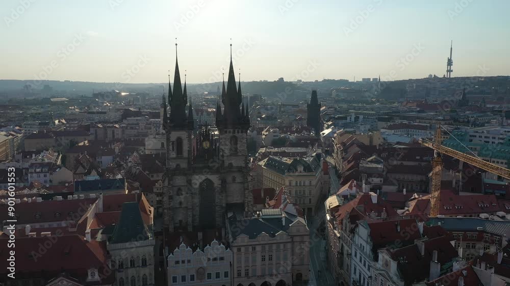 Aerial view of the historic city center of Prague, Czech Republic, churches, cathedrals, squares and neighborhoods in the morning on a clear sunny summer day - Old Town Square Aerial view of the historic city center of Prague, Czech Republic, churches, cathedrals, squares and neighborhoods in the morning on a clear sunny summer day - Old Town Square