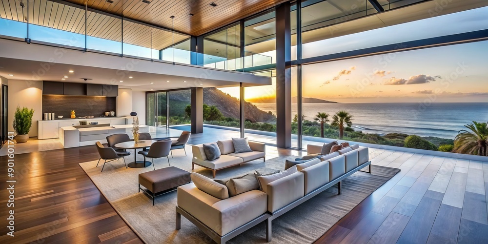 Luxurious modern villa with expansive floor-to-ceiling windows framing ...