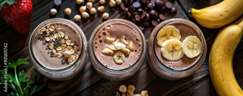 Three glass jars filled with chocolate smoothies topped with nuts, seeds, banana slices, surrounded by fruits and nuts on a wooden table.