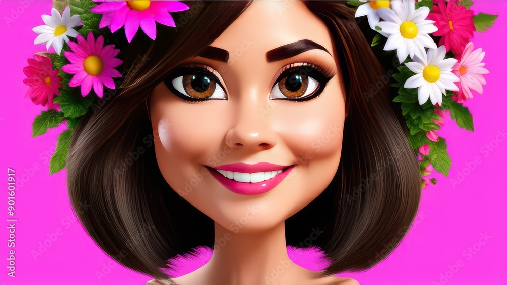 Naklejka premium Cartoon Woman with flowers with free space right. Happy International Women's Day, Mother's day, birthday card