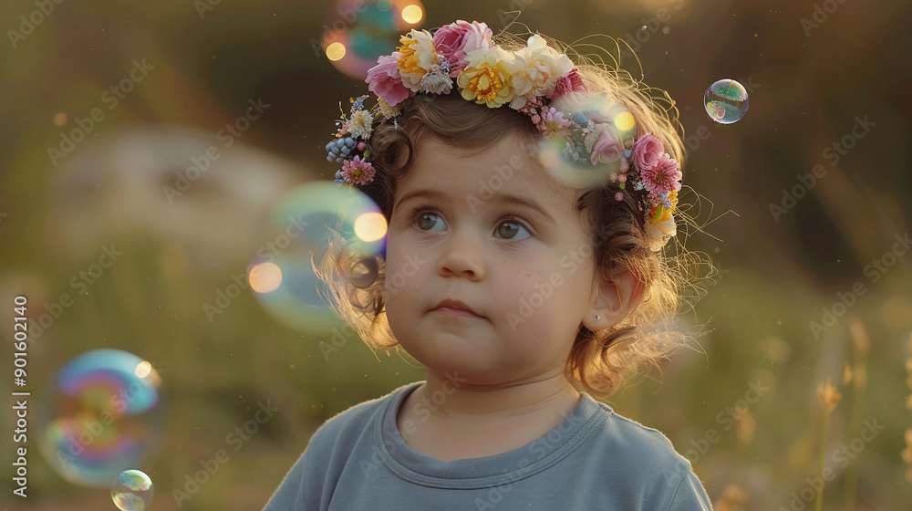 A child with a floral headband playing with bubbles A child with a floral headband playing with bubbles