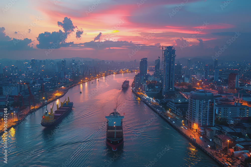 Fototapeta premium Panoramic view of a cargo ship from high up in the middle of the river with beautiful evening light.