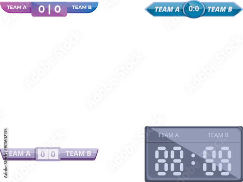 Various scoreboard icons set cartoon vector. Scoreboard with result display. Sport competition, tournament
