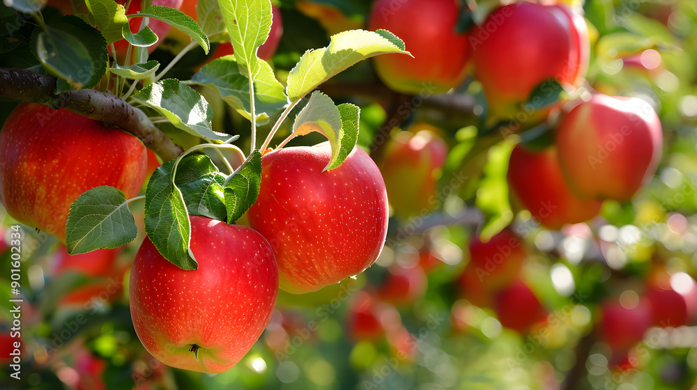 Vibrant ripe apples dangle from green tree branches in a picturesque outdoor setting. Vibrant ripe apples dangle from green tree branches in a picturesque outdoor setting.