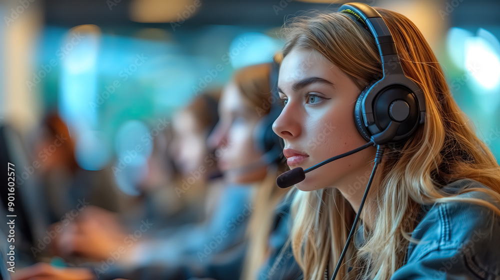 Focused on the Task: A young woman wearing a headset, deeply concentrated on her work, surrounded by her colleagues in a professional call center environment. Focused on the Task: A young woman wearing a headset, deeply concentrated on her work, surrounded by her colleagues in a professional call center environment.