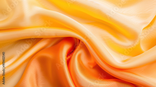 Close-up of luxurious, vibrant orange and yellow silk fabric creating soft folds and a rich texture perfect for backgrounds and design projects. photo