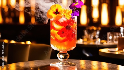 Cocktail with edible flowers and fruit gels, bright colors and swirling mist