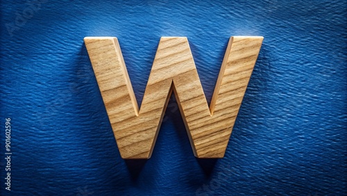 Isolated wooden W letter stands out against a dark blue background, surrounded by subtle shadow, emphasizing the textured natural material and alphabetical significance. photo