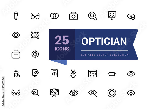 Optician and Optometry, Eye doctor line icons. Medical laser surgery, Optician board, oculist chart. Linear set. Vector Illsutration.
