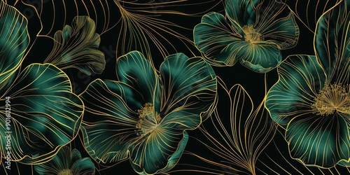 a image of a black and gold floral background with green flowers