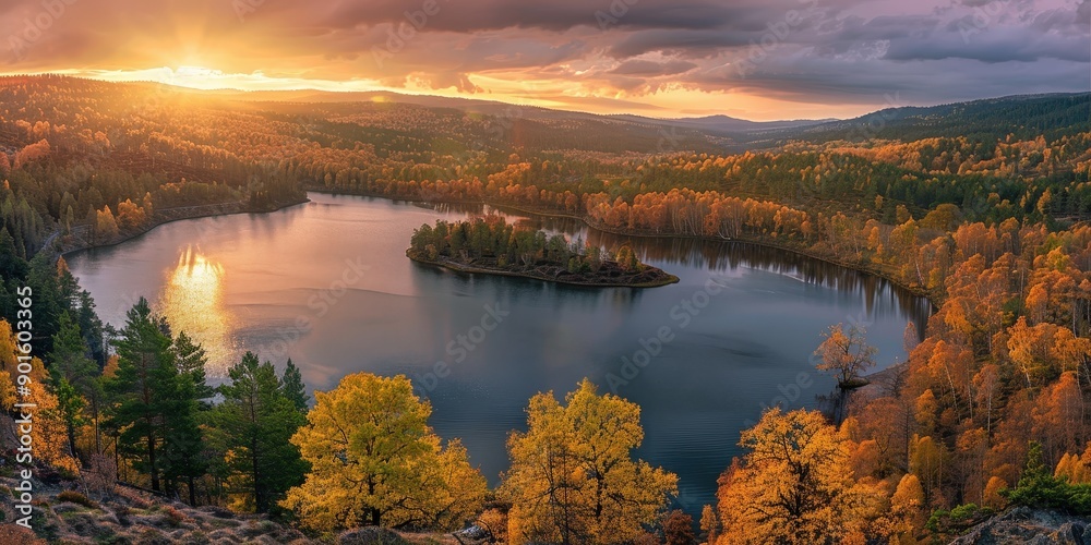 Obraz premium Serene Sunset over Autumnal Lake