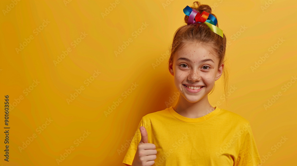A girl with a colorful ribbon giving a thumbs up A girl with a colorful ribbon giving a thumbs up