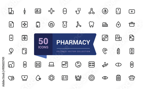 Simple set of pharmacy outline icons. Related to Medical and Health. Editable stroke. Vector pixel perfect icons.