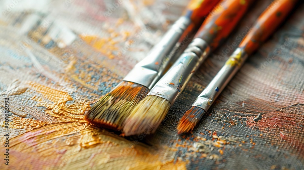 Fototapeta premium Artist Paintbrushes on Canvas with Oil Paints