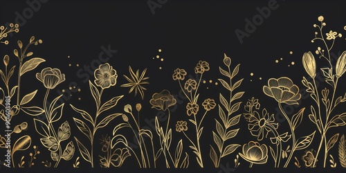 a image of a black and gold floral background with gold flowers photo