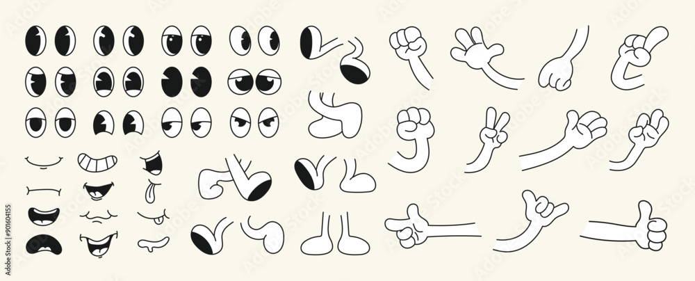 Set of 70s groovy comic faces vector. Collection of cartoon character faces, leg, hand in different emotions happy, angry, sad, cheerful. Cute retro groovy hippie illustration for decorative, sticker. Set of 70s groovy comic faces vector. Collection of cartoon character faces, leg, hand in different emotions happy, angry, sad, cheerful. Cute retro groovy hippie illustration for decorative, sticker.