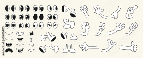 Set of 70s groovy comic faces vector. Collection of cartoon character faces, leg, hand in different emotions happy, angry, sad, cheerful. Cute retro groovy hippie illustration for decorative, sticker.