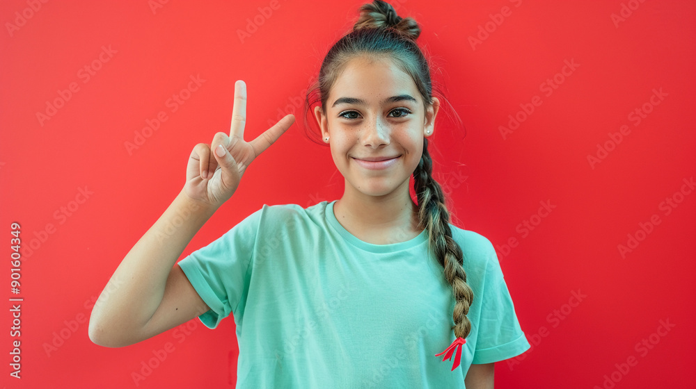 A girl with a large ribbon posing with a peace sign A girl with a large ribbon posing with a peace sign