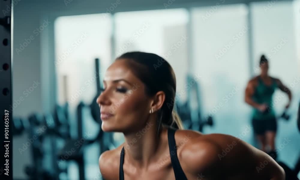 Focused young woman performing tricep dips in a modern gym, showcasing dedication to fitness and strength training Focused young woman performing tricep dips in a modern gym, showcasing dedication to fitness and strength training