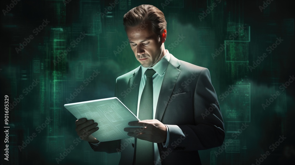 Businessman in a suit examining a digital tablet with a futuristic green matrix background. Concepts of technology, cybersecurity, and data analysis. Businessman in a suit examining a digital tablet with a futuristic green matrix background. Concepts of technology, cybersecurity, and data analysis.